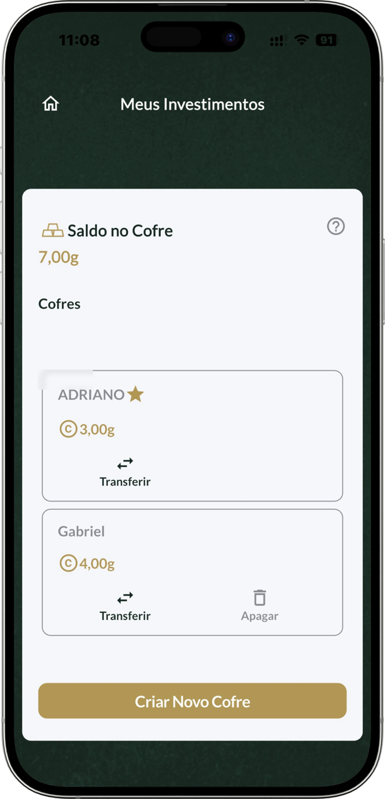 Tela Meus Investimentos do OurominasApp mostrando o saldo no cofre em gramas